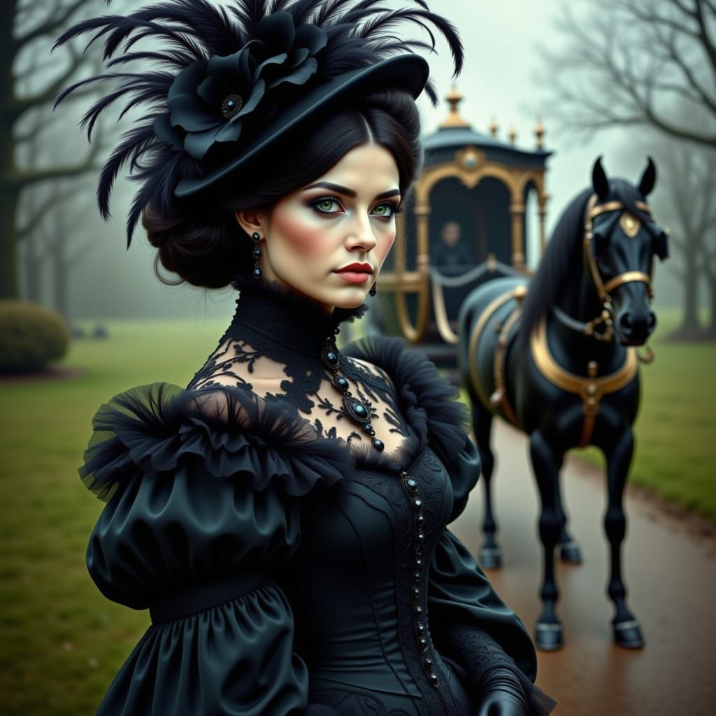 Spectacular depiction of a proud (((VICTORIAN GOTHIC lady))) in a (((highnecked Victorian black dress)) with black feathered fascinator. a v...