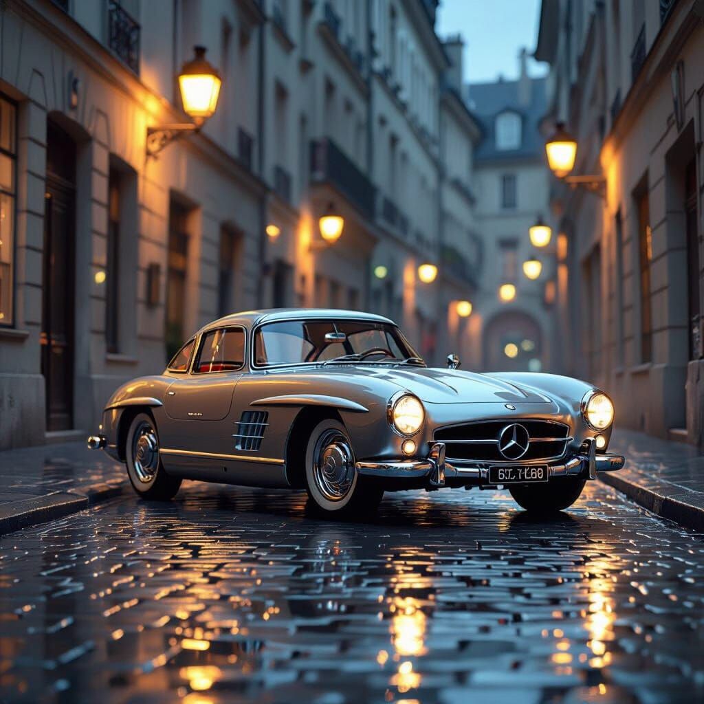 A vintage Mercedes-Benz 300 SL Gullwing parked on a rain-slicked cobblestone street in a Parisian alleyway at dusk. The car's chrome gleams ...