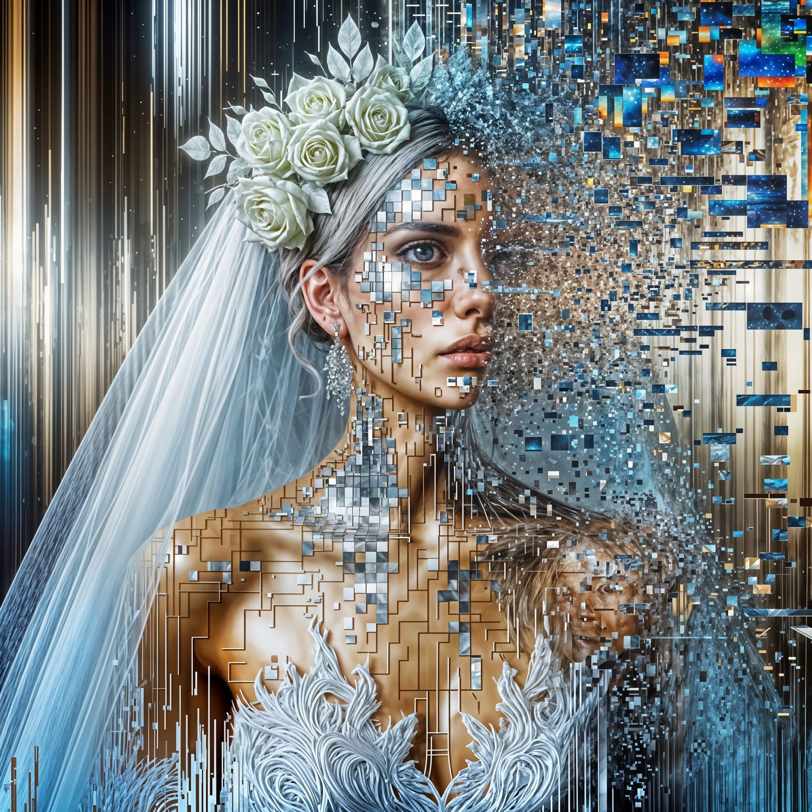 envision a portrait of a bride all in white, her face fragmented into shimmering shards of glass, each ...  by @JenG