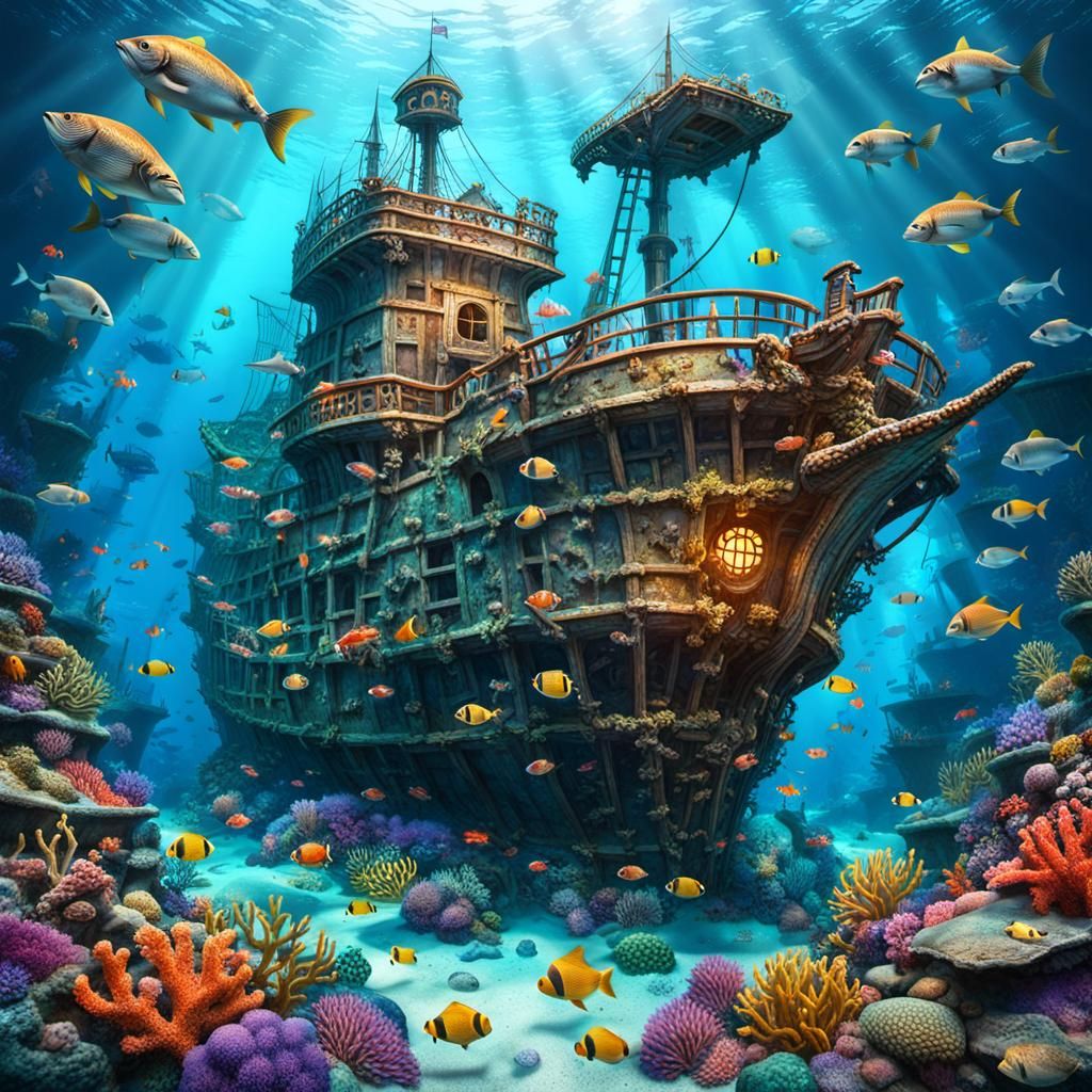 "Enthralling underwater view of a sunken pirate ship, surrounded by colorful shoals of fishes and corals, ...  by @Faydra6410
