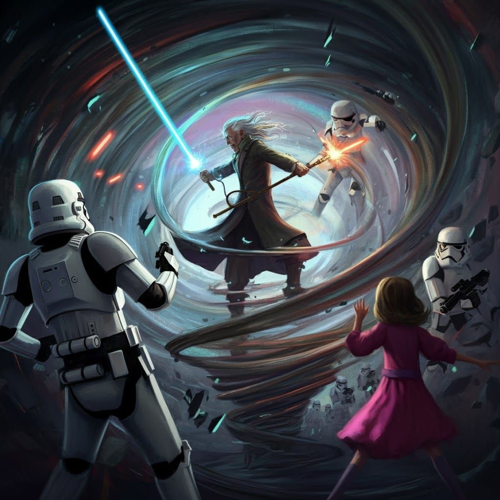 Time Twister, Young-Old man fighting Star Wars Storm Trooper...