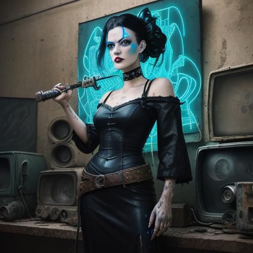 spraypaint. female goth fashion model. old car. rust. corrod...