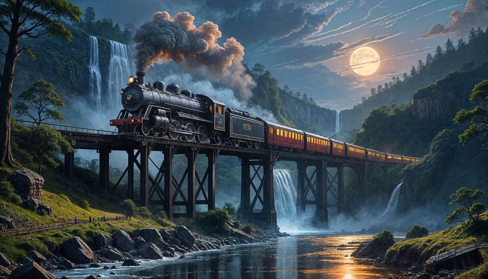 A magnificent steam engine train travelling across a train bridge over a beautiful waterfall at night ...  by @Dantonio
