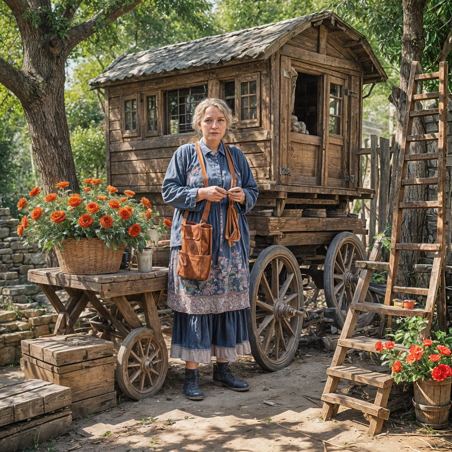 An old-fashioned bow-topped gypsy wagon carved with roses wi...