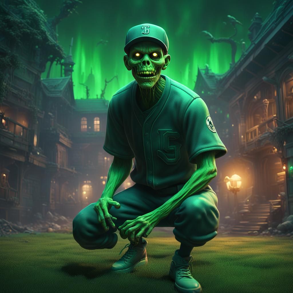 ghoul plays baseball in midnight, green glowing environment ...