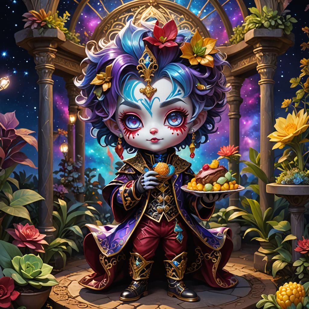 a chibi harlequin in wine-purple-blue-red-gold clothing and ...