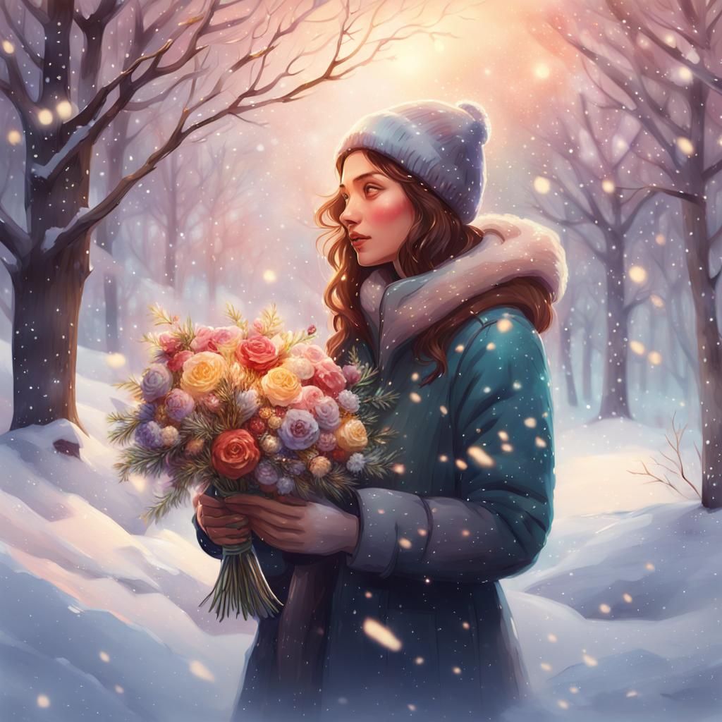 Romantic Snowy Portrait with Watercolor Details