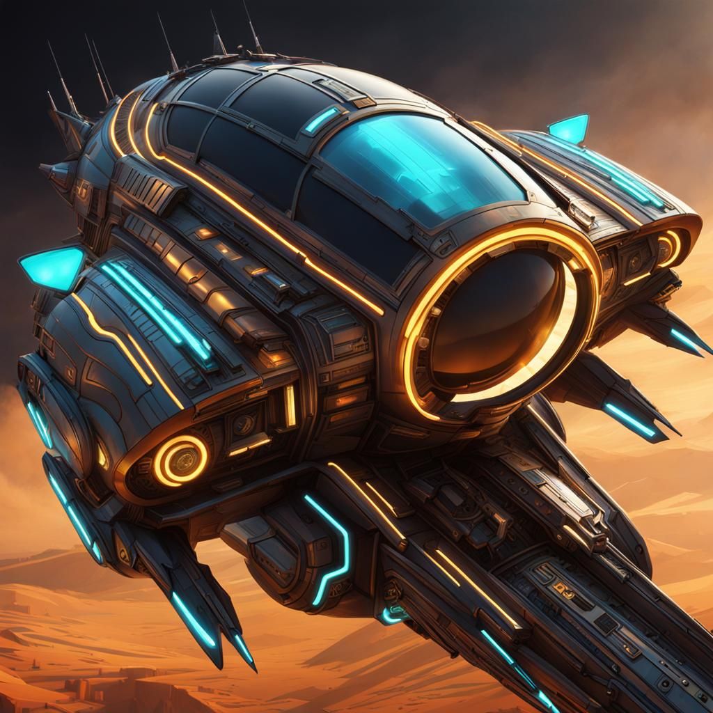 Beautiful Spaceship in a combination of Art Deco, Tron Legacy, Robotic Sci-fi, Steampunk and Cyberpunk styles