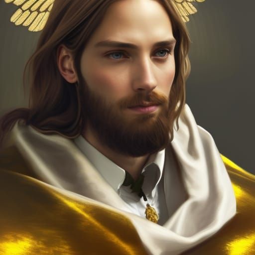 Royal regal Angelic males model long hair gold accessories a...