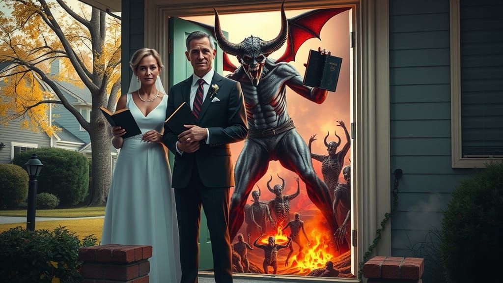 A hyper-detailed, surreal horror digital painting. Two adults, dressed in formal attire, stand outside front door of a suburban house, about...