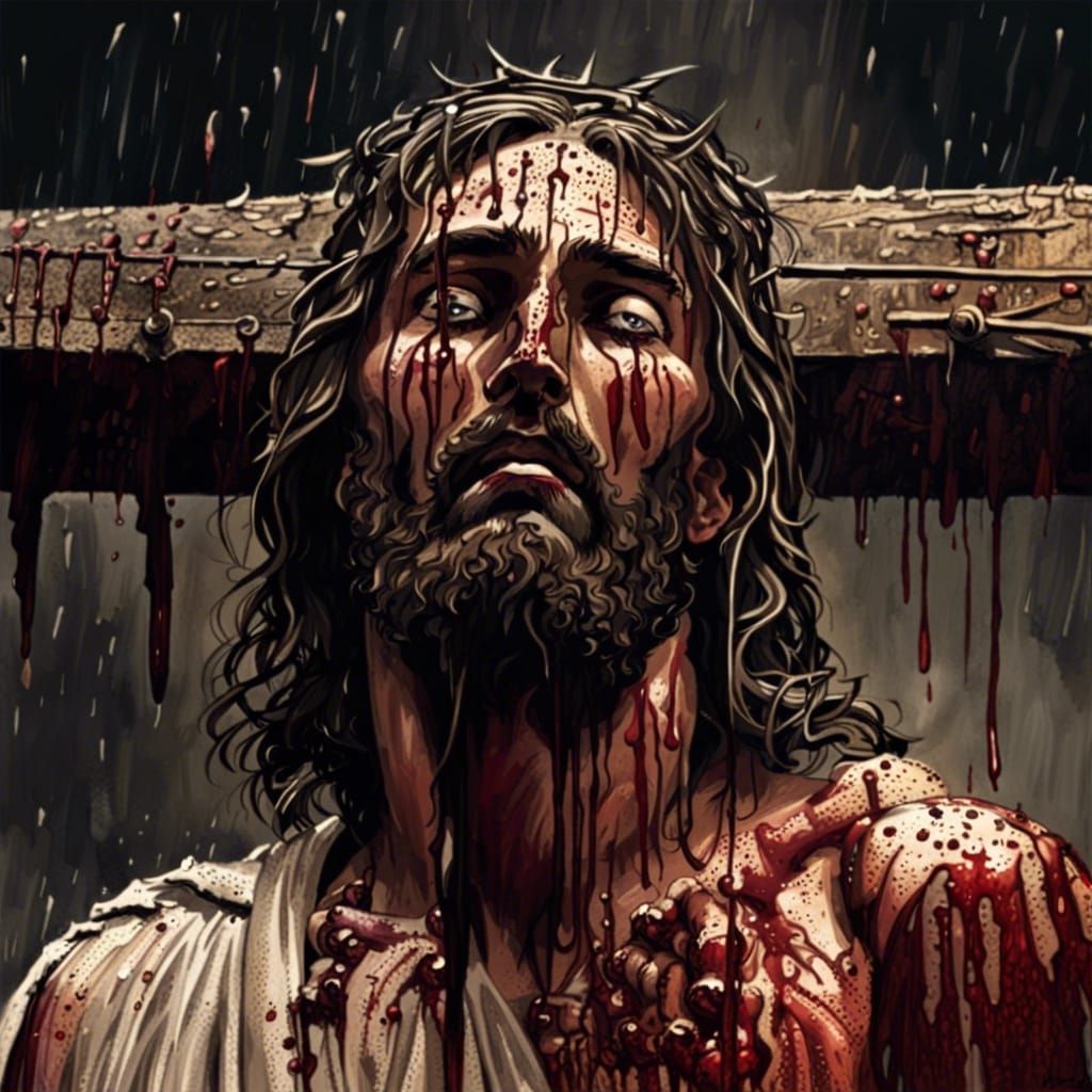 Jesus Christ, covered in sweat, beard matted, looking terrif...