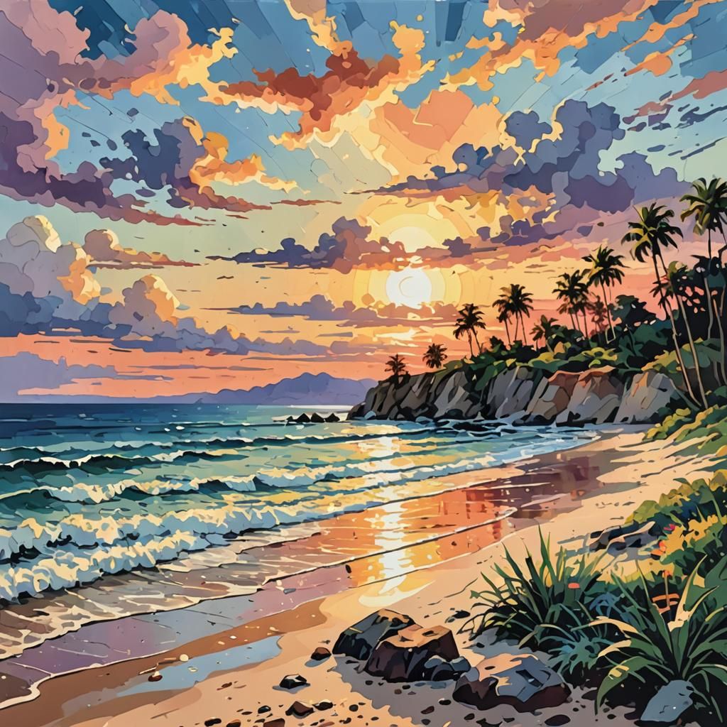 Paint-by-numbers kit featuring a serene beach sunset.