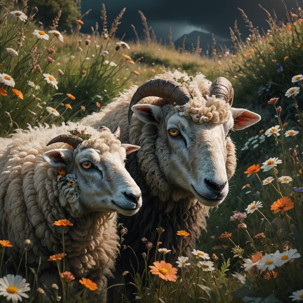 Dark Fantasy Sheep Grazing in Wildflower Meadow