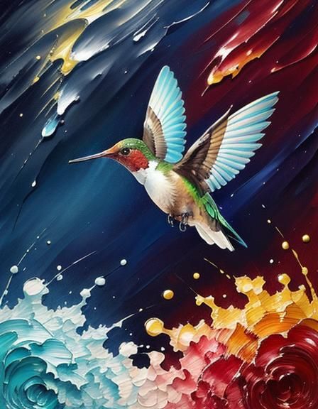 an image  featuring hummingbird
 in the style of poured pain...