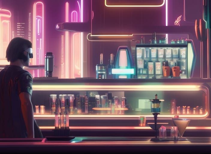 A robot barista serving patrons at a futuristic cafe cyberpunk 2099