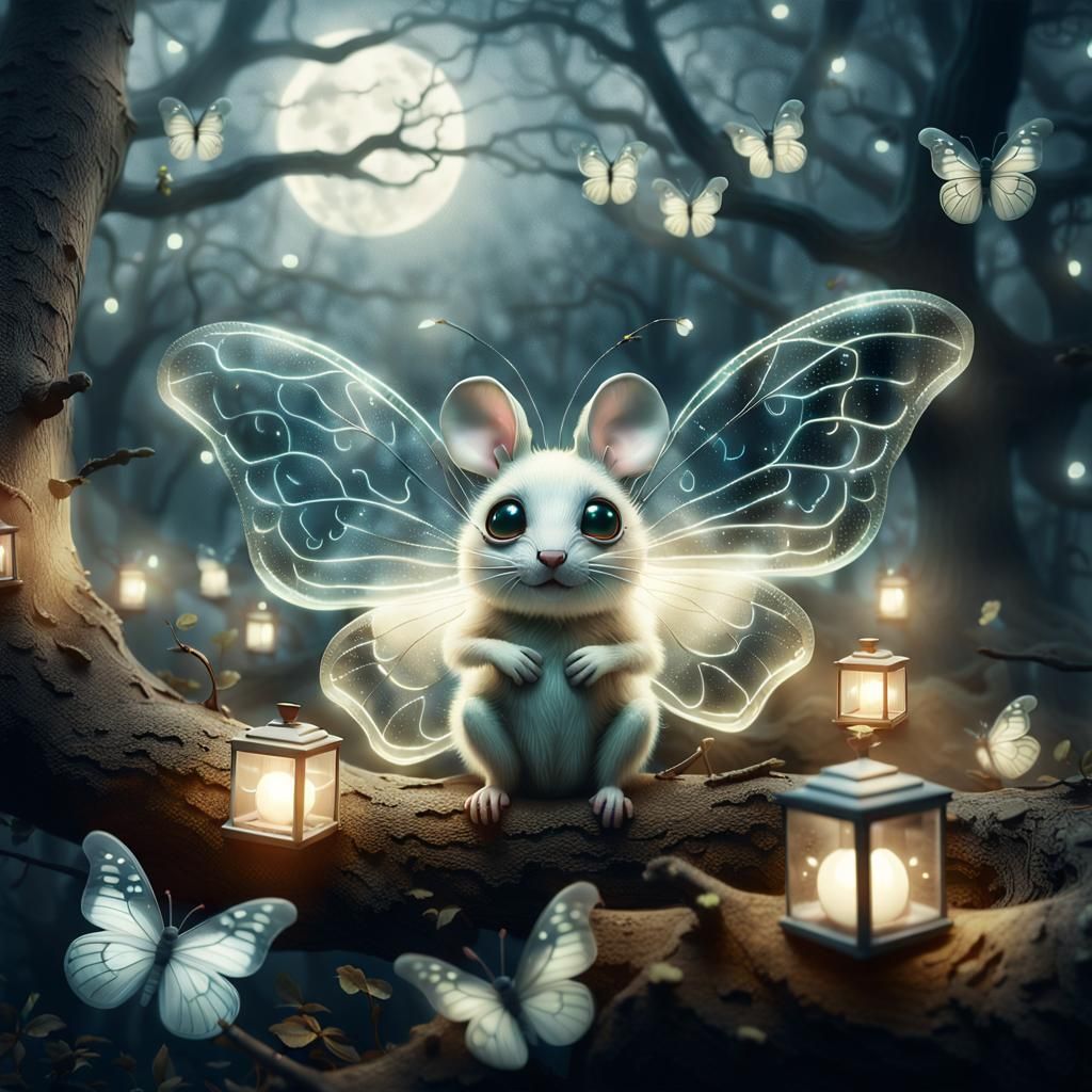 A Vintage Polaroid of Ghost mice with large and intricately detailed glass butterfly wings and large emotive eyes. They are floating inbetwe...