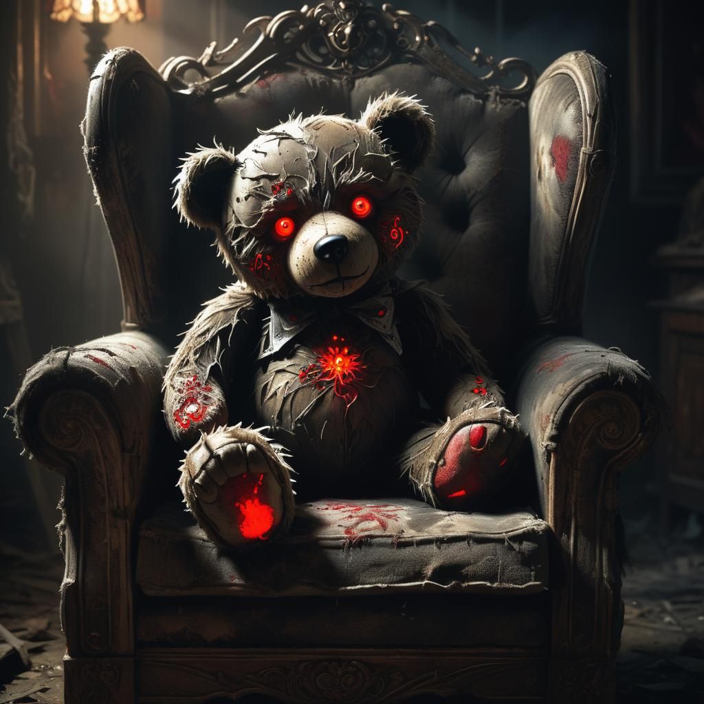Haunted Teddy Bear with red eyes in a haunted house  by @ISPI AI Art