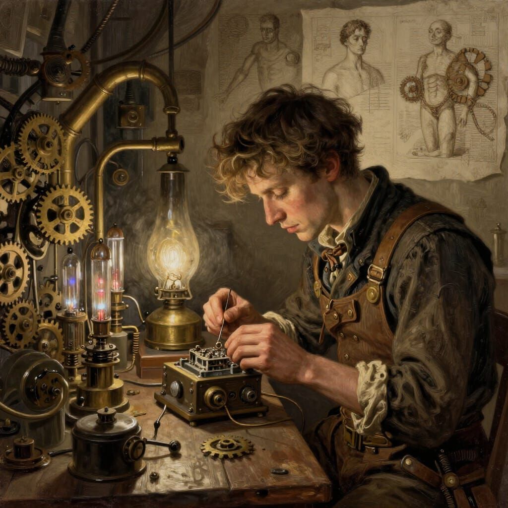 A lone young steampunk inventor meticulously wirks on an open cellphone in his workshop, filled with ...  by @PWC Digital Art