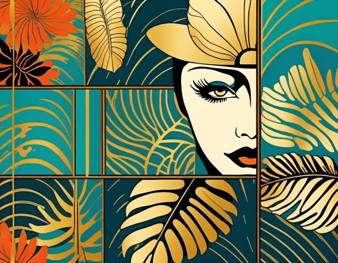 Abstract woodblock art boho botanical foliage fern monstera palm lily