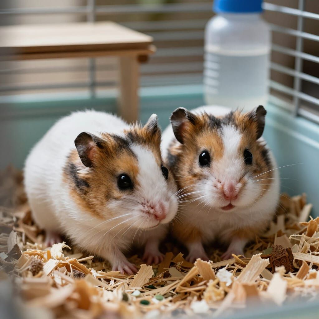 Fluffy Hamsters Cozy in Detailed Cage