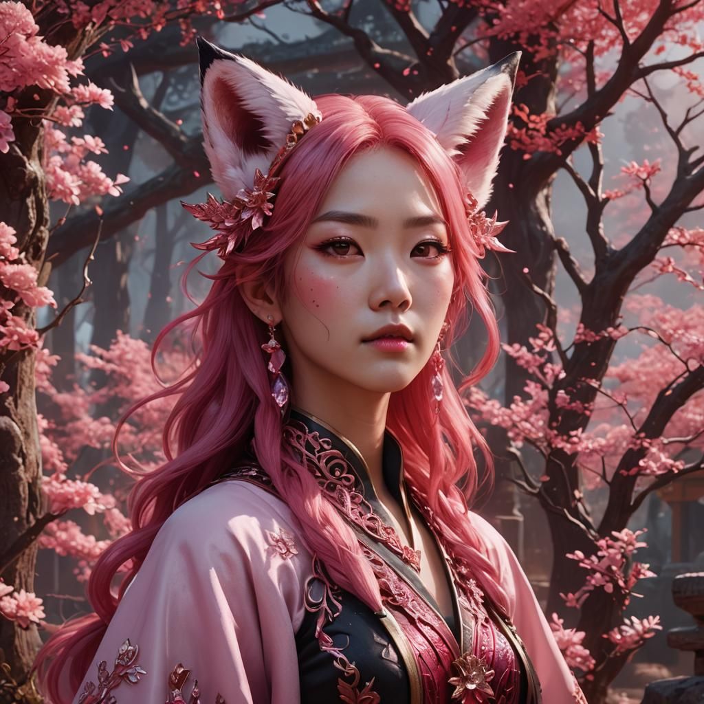 korean lady red pink crystal fox ears pink hair