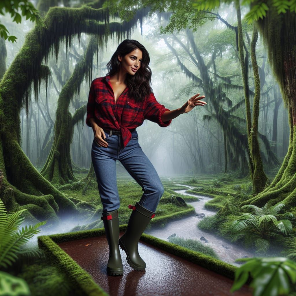 beautiful Hispanic woman in red plaid shirt, blue jeans, and...