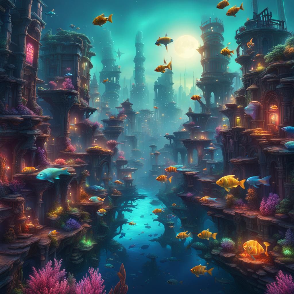 Forgotten Modern looking city burried under the sea neon fis...