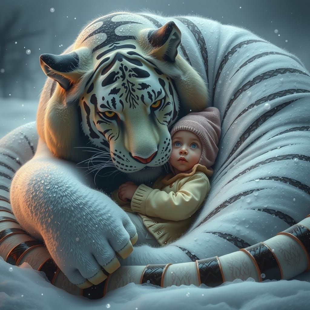 A life-size furry snow tiger curled up on a cold, snowy winter night, a cute little 6-year-old boy curled up in the warm protection of a cat...