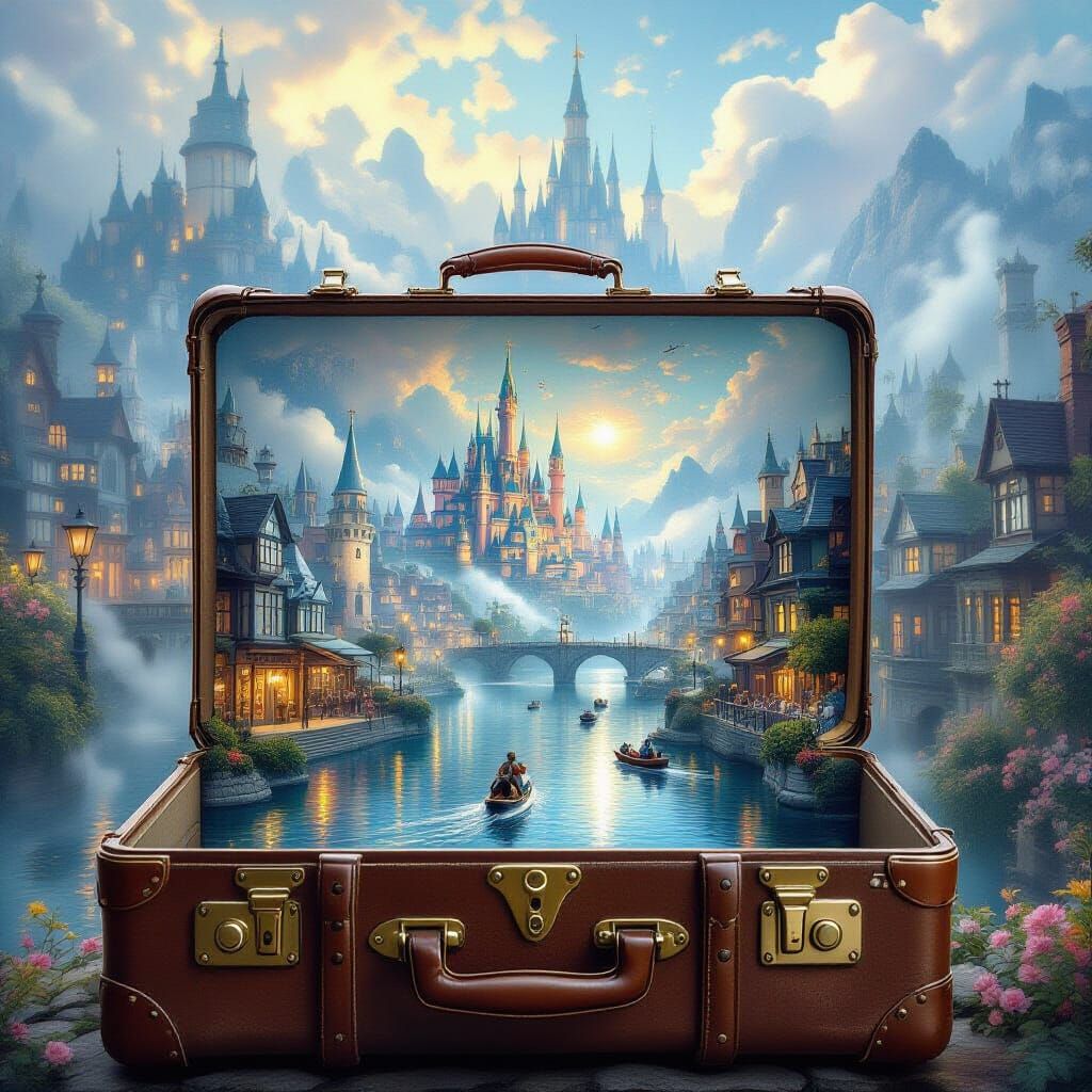 An open travel suitcase with an entire vibrant city inside  by @R