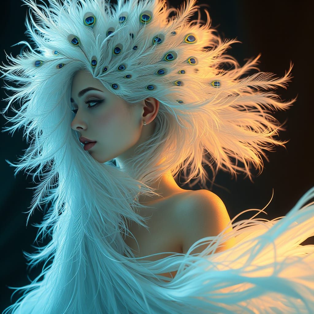 Ethereal Woman in Iridescent Peacock Feathers and Flowing Fa...