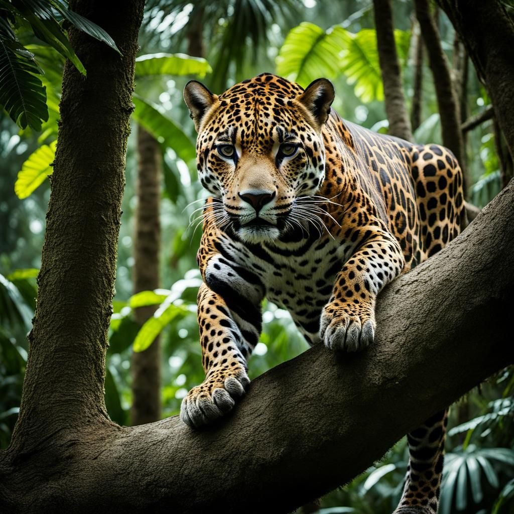 A captivating photograph of a Jaguar up in a tree that has been surprised by someone walking in the jungle ...  by @Dantonio