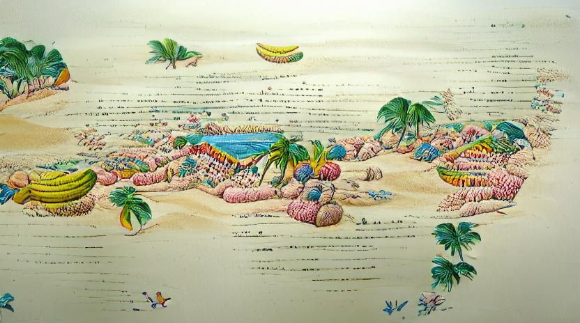 Detailed colored ink on paper, illustration of a tropical paradise beach