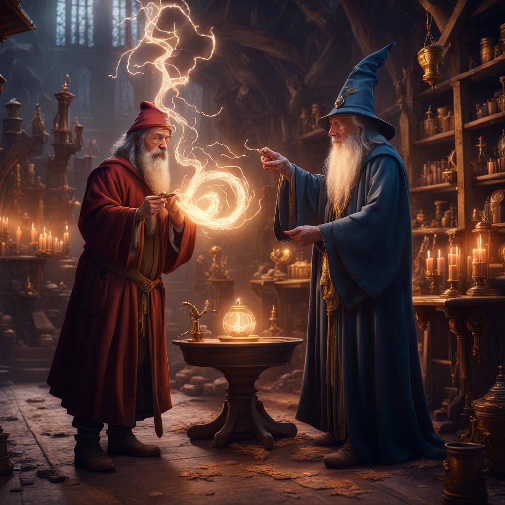 wizard teaching magic to a sorcerer's apprentice with lots o...
