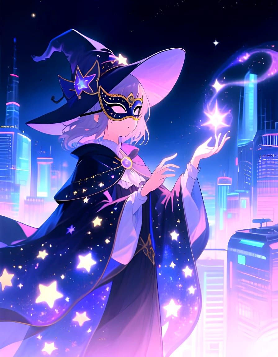 Dreamy anime poster illustration. A celestial witch with glowing, starry robes and a masquerade mask, casting a spell over a futuristic city...
