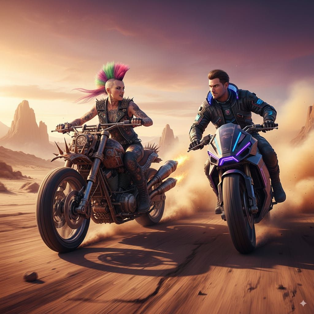 Epic desert motorcycle chase scene.