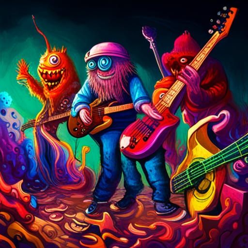 Monsters playing rock band music together
