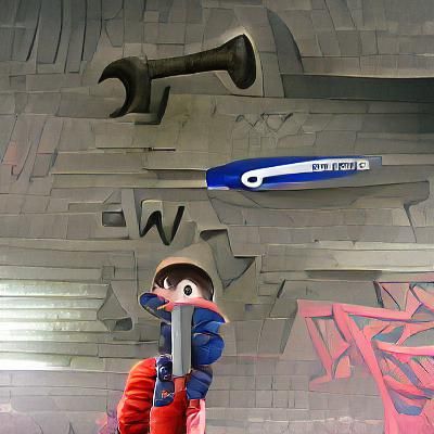 Kid looking up at big wrench and big pen