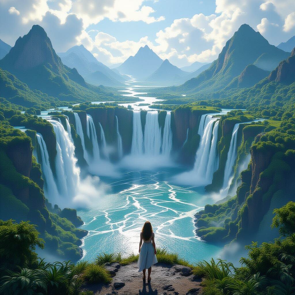 Hyperrealistic Fantasy Landscape with Waterfalls