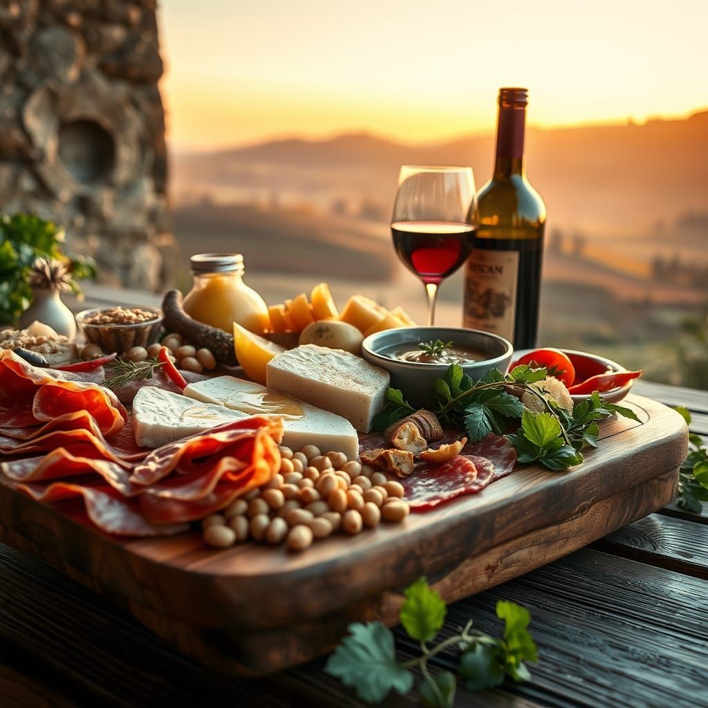 Delicate photograph of a splendid cutting board full of typical Tuscan products: ham, salami, pecorino ...  by @Arena Garibaldi