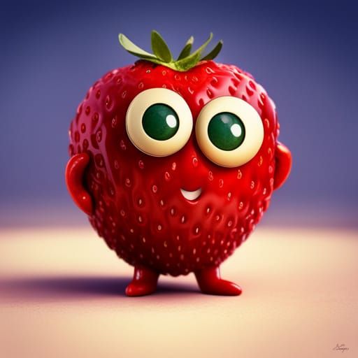 A vintage comercial add with an adorable strawberry character with big eyes an a happy cute smile 