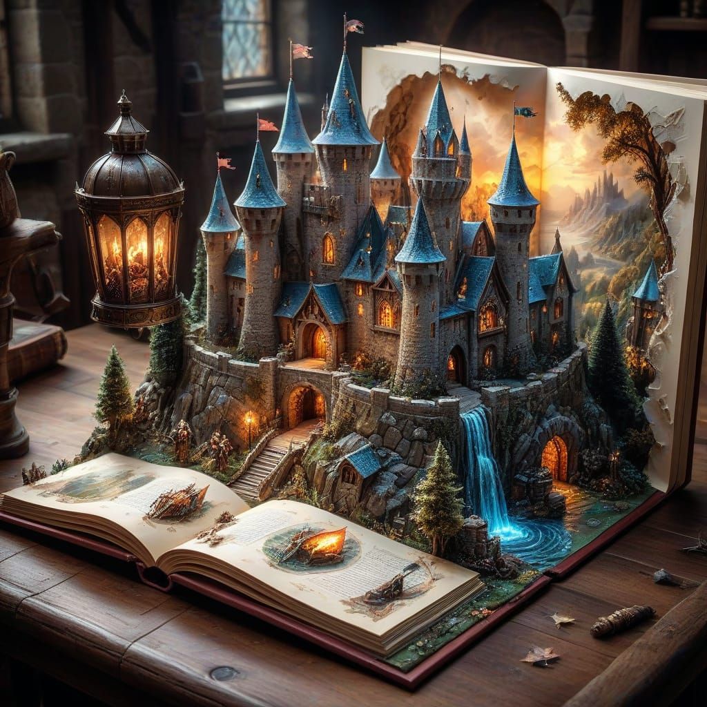 A pop-up book scene of a medieval castle