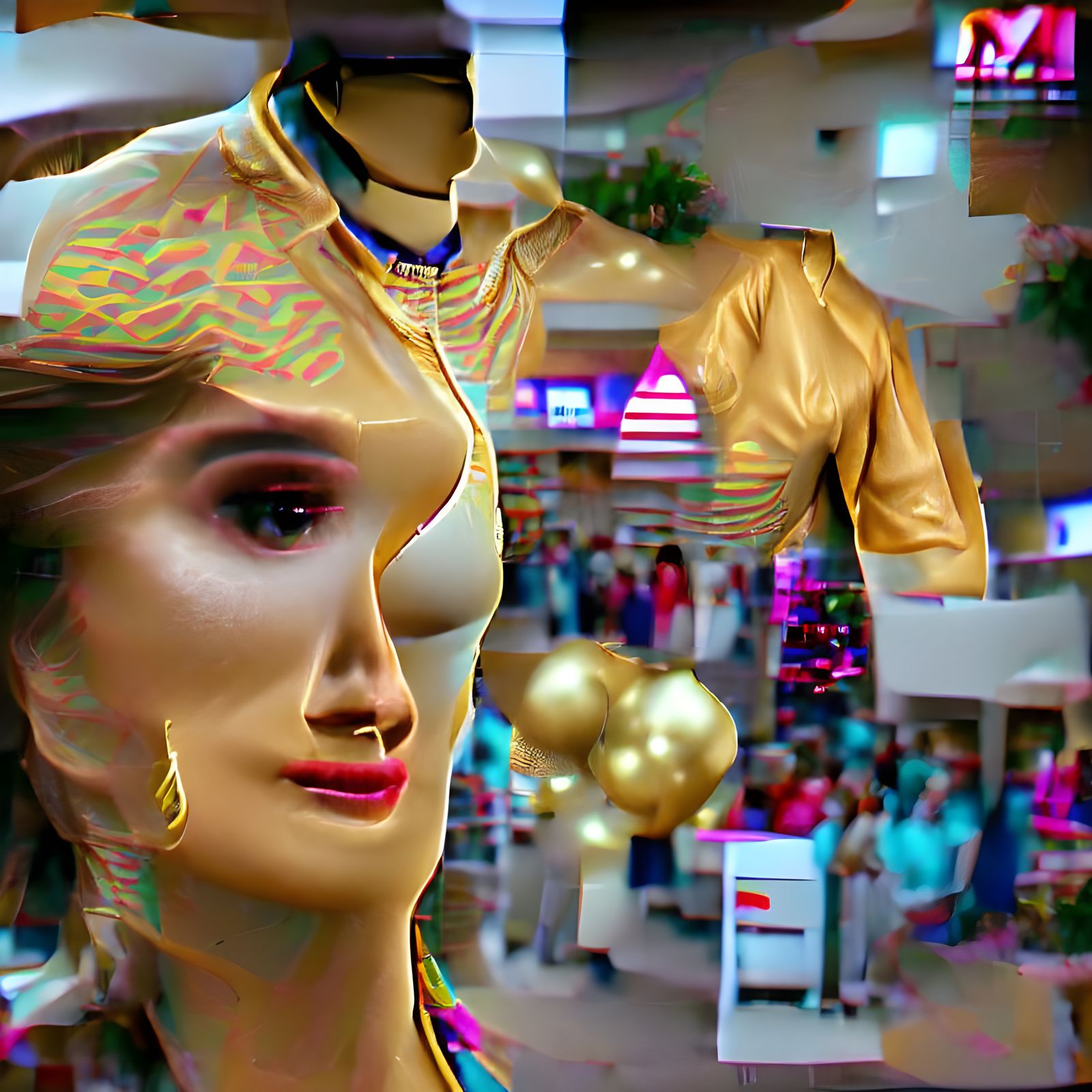 a mannequin in 80s mall and a gold blouse