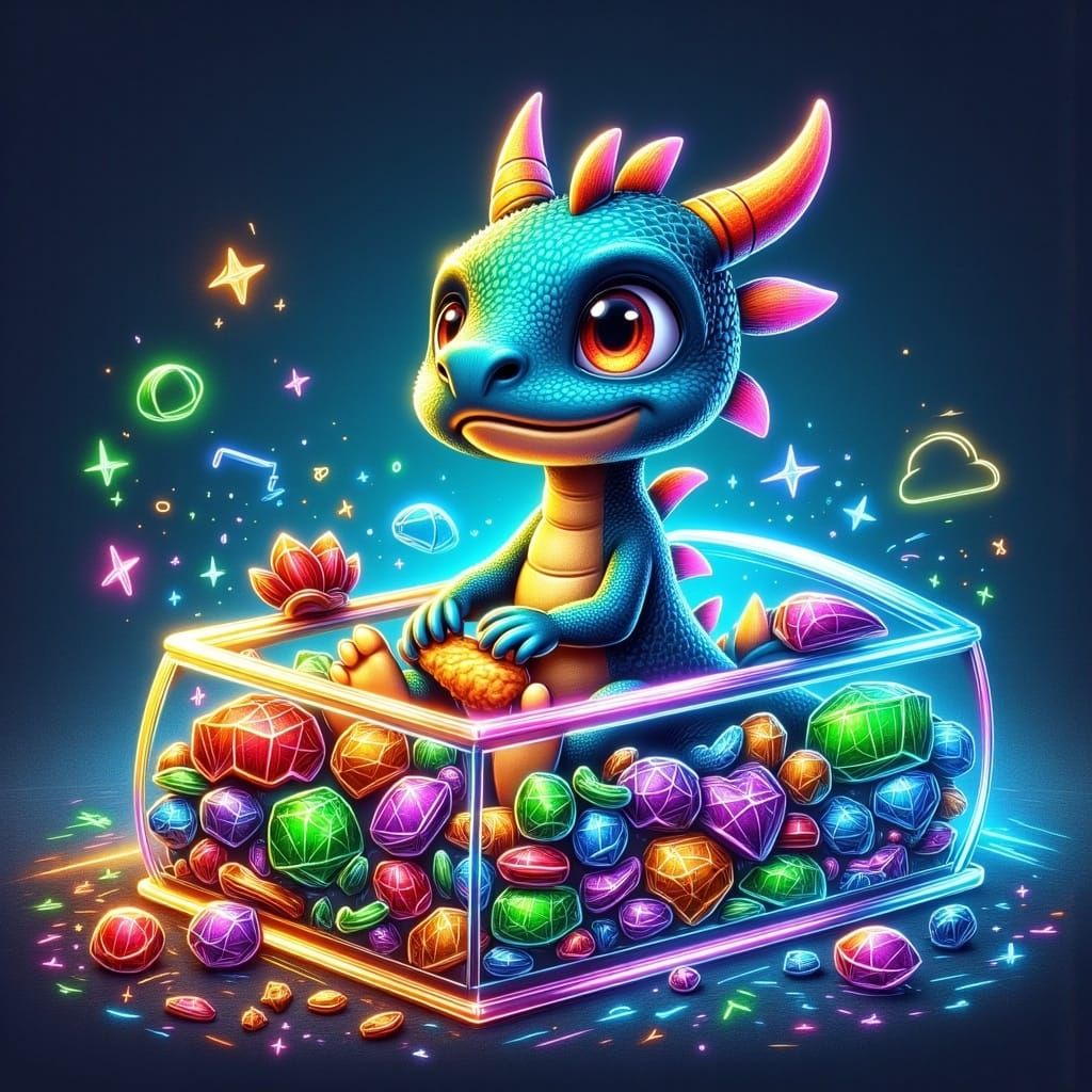 <lora:Chalkify:1.0> A cute miniature baby dragon sitting in a glass jewelry box overflowing with glowing glass jewelry.