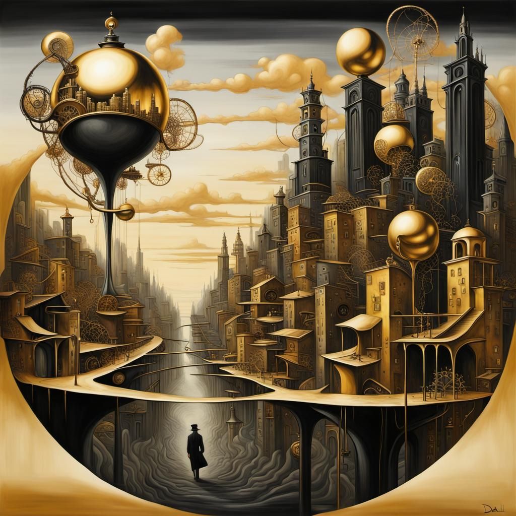 Distorted Unbalanced Reality steampunk cityscape Dali surrealism gold black hues  by @Oreva