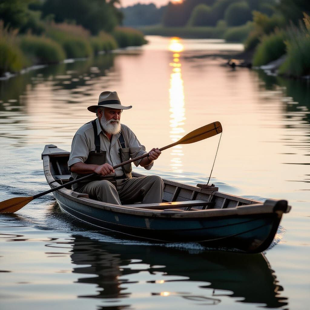Elderly Fisherman on Boat at Sunset River
