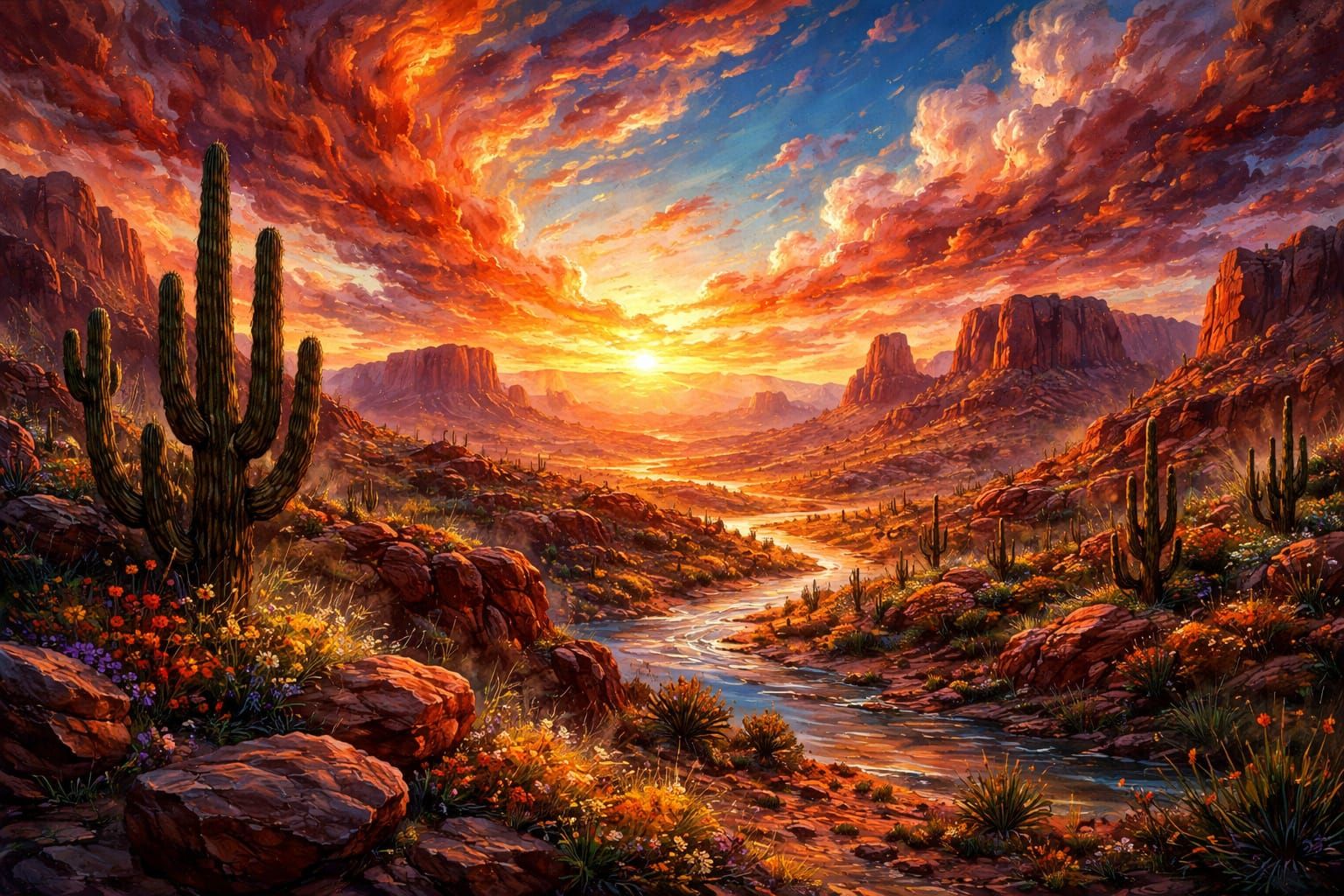 a vibrant desert landscape stretching out. The sky is ablaze with fiery colors, and the air is filled ...  by @Solfreedom