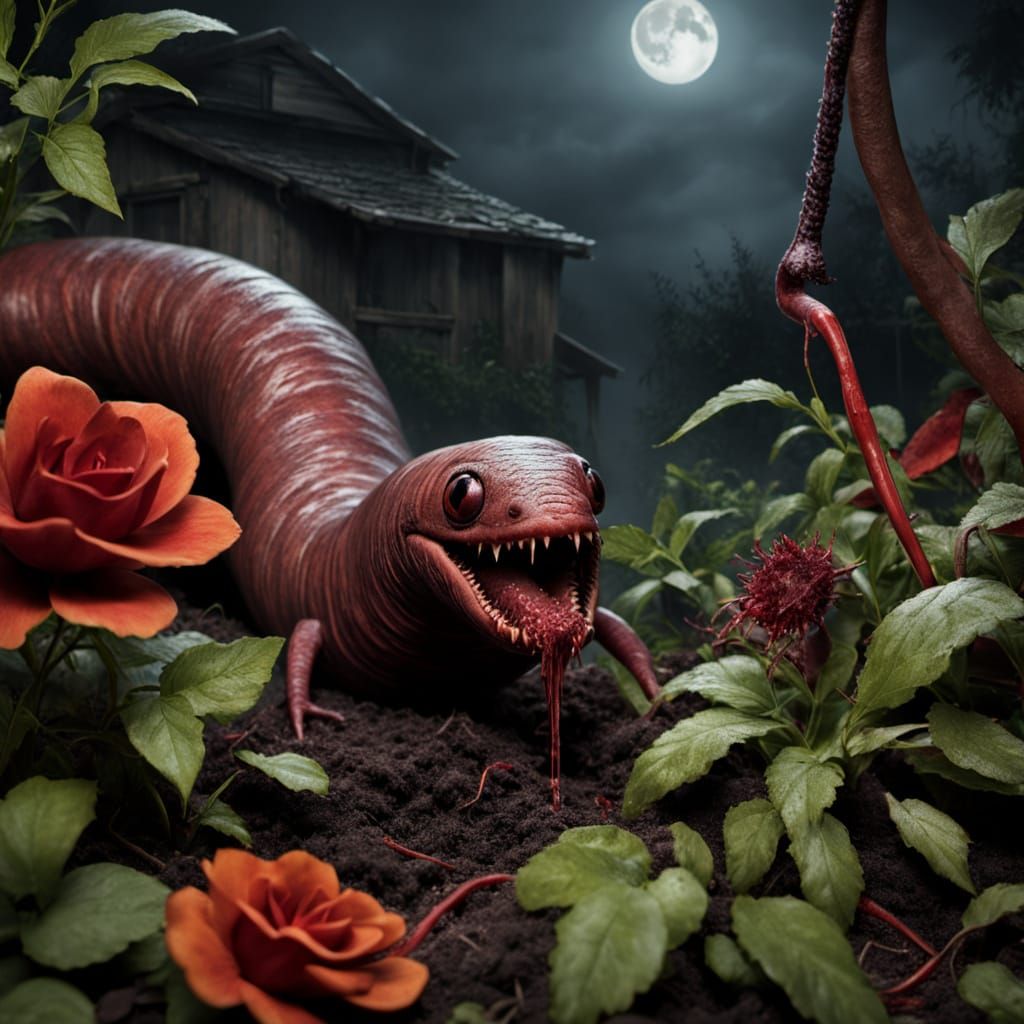 Creepy horror garden at night. Giant earthworm with ski mask and bloody chainsaw in the center. In the foreground: a headless garden gnome w...
