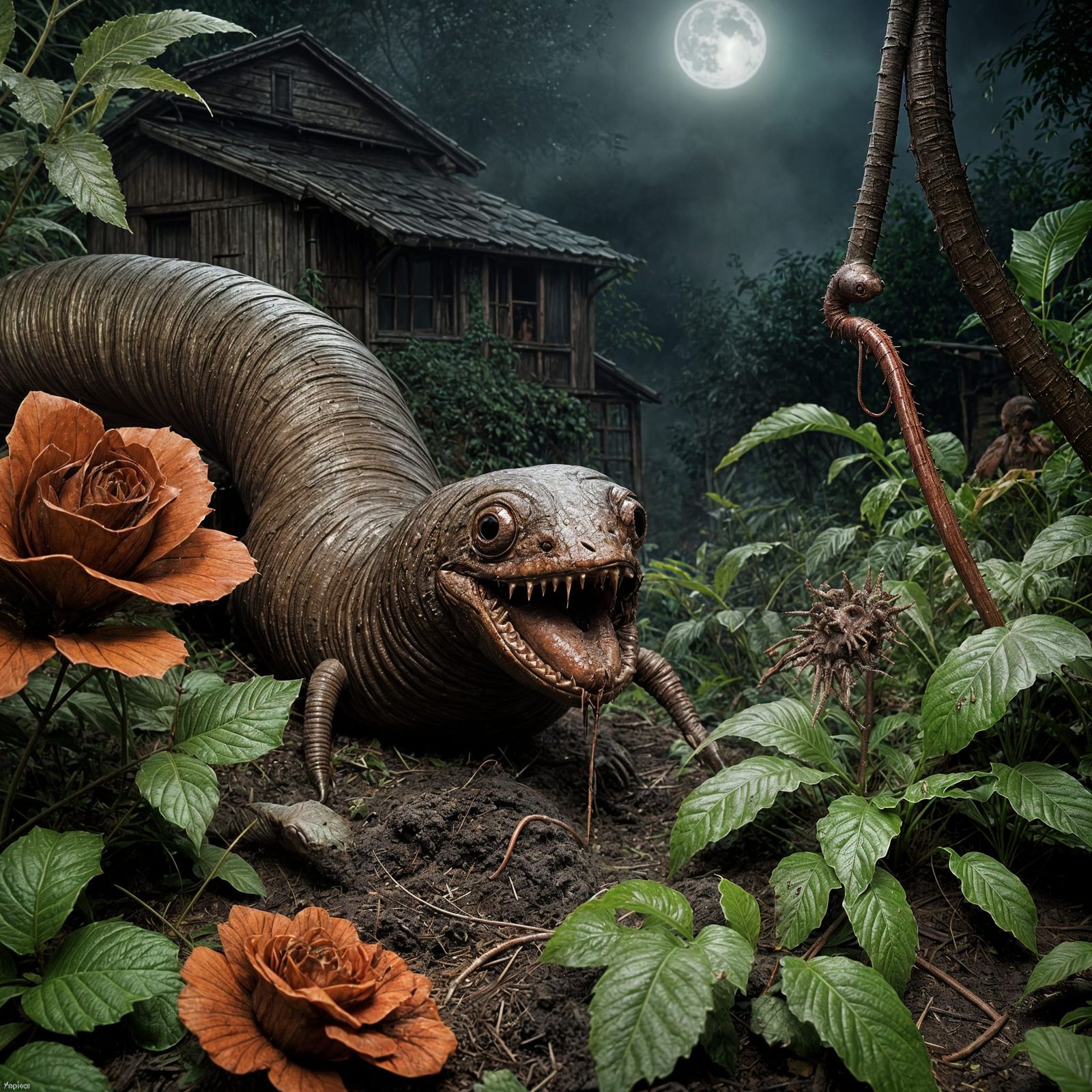 Creepy horror garden at night. Giant earthworm with ski mask and bloody chainsaw in the center. In the ...  by @Chrixxx 