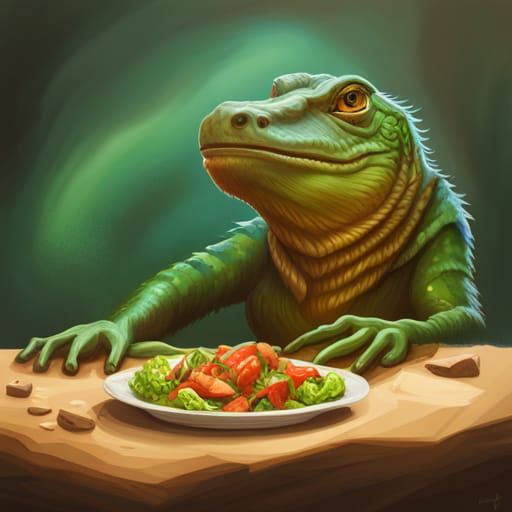 Prehistoric reptile eating salad AI Generated Artwork NightCafe Creator