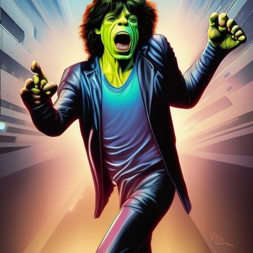 mick jagger ist hulk und schreit im cyberpunkstyle